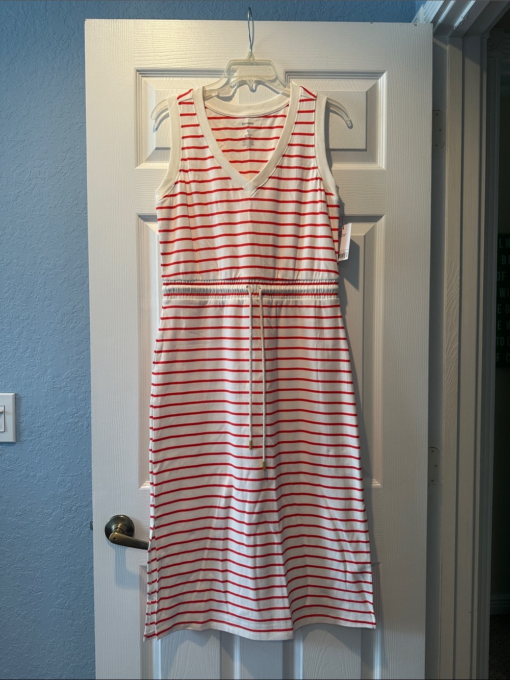 Sleeveless Cream & Coral Striped V‑Neck Knit Dress